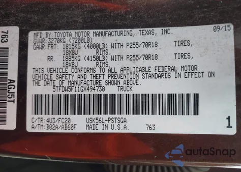 2016 Toyota Tundra Sr5 5.7L V8 from USA, damaged, VIN 5TFDW5F11GX494738